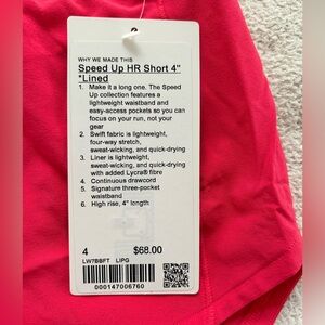 Lilulemon Speed Up HR Short 4” lined